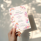 Editable magical unicorn birthday invitation with watercolor unicorns, pastel rainbow, castle and floral accents Canva template