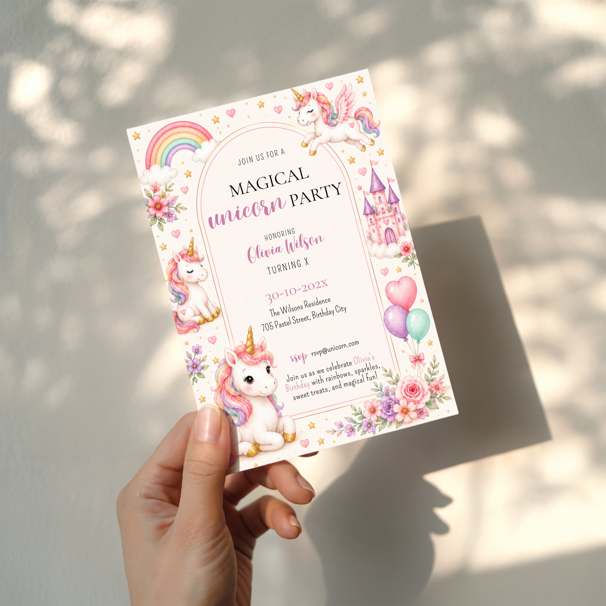 Editable magical unicorn birthday invitation with watercolor unicorns, pastel rainbow, castle and floral accents Canva template