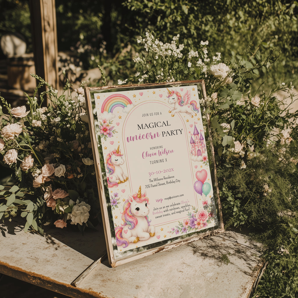 Editable magical unicorn birthday invitation with watercolor unicorns, pastel rainbow, castle and floral accents Canva template