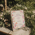 Editable magical unicorn birthday invitation with watercolor unicorns, pastel rainbow, castle and floral accents Canva template