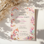 Editable magical unicorn birthday invitation with watercolor unicorns, pastel rainbow, castle and floral accents Canva template