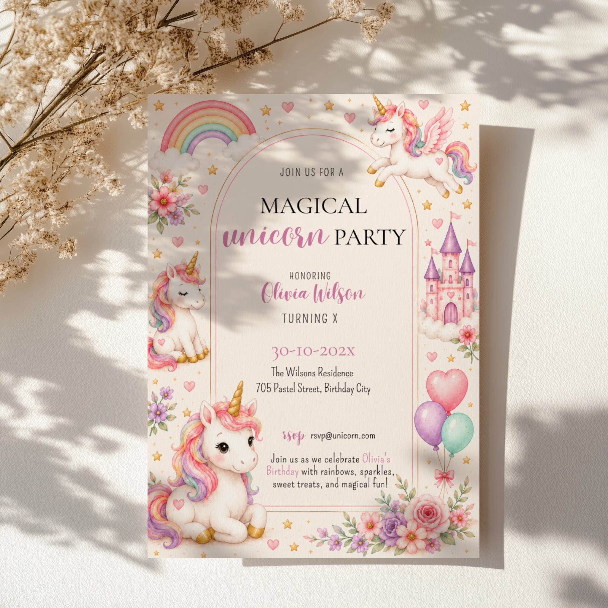 Editable magical unicorn birthday invitation with watercolor unicorns, pastel rainbow, castle and floral accents Canva template