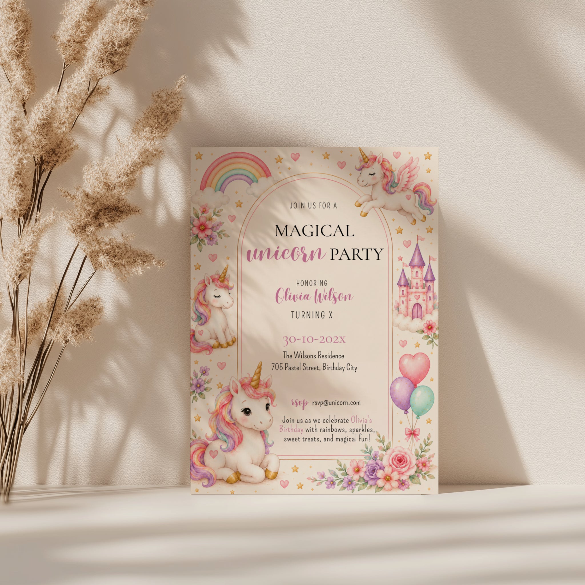 Editable magical unicorn birthday invitation with watercolor unicorns, pastel rainbow, castle and floral accents Canva template