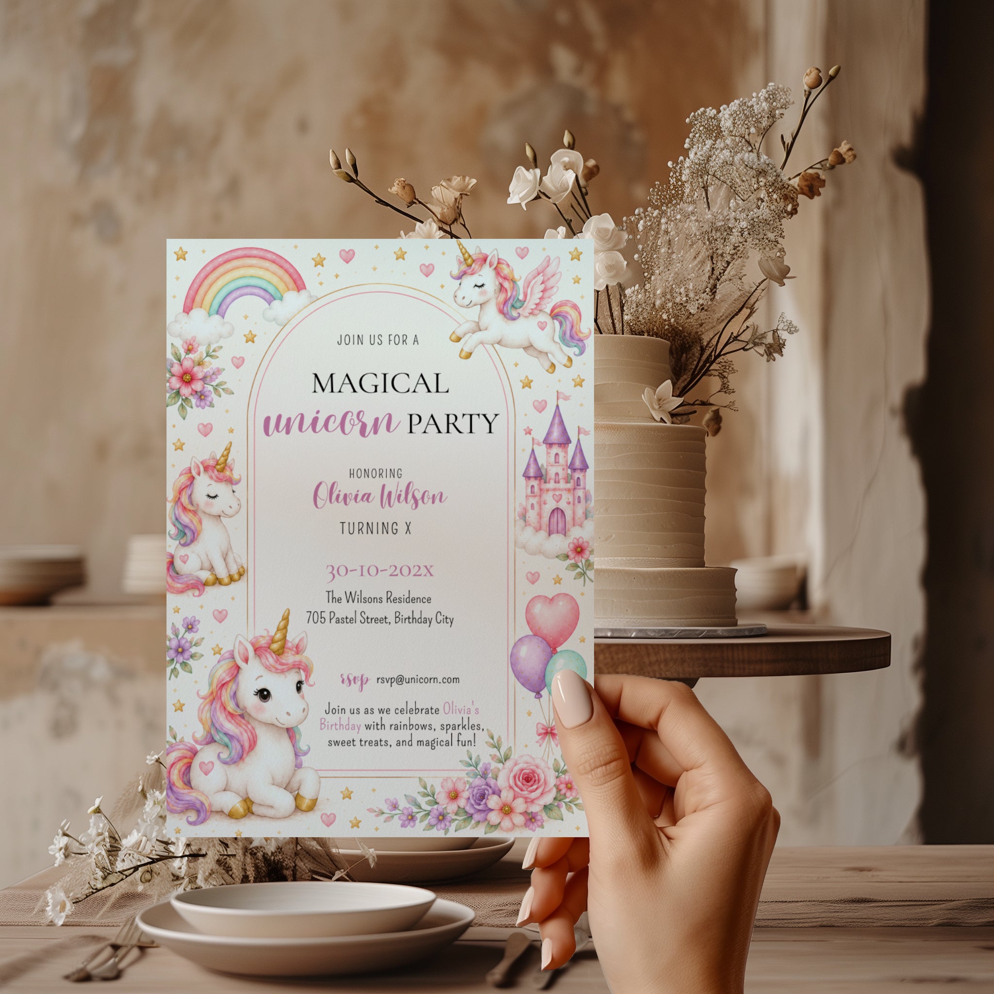 Editable magical unicorn birthday invitation with watercolor unicorns, pastel rainbow, castle and floral accents Canva template