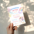 Editable pastel rainbow unicorn birthday invitation with watercolor unicorn and colorful rainbow Canva template