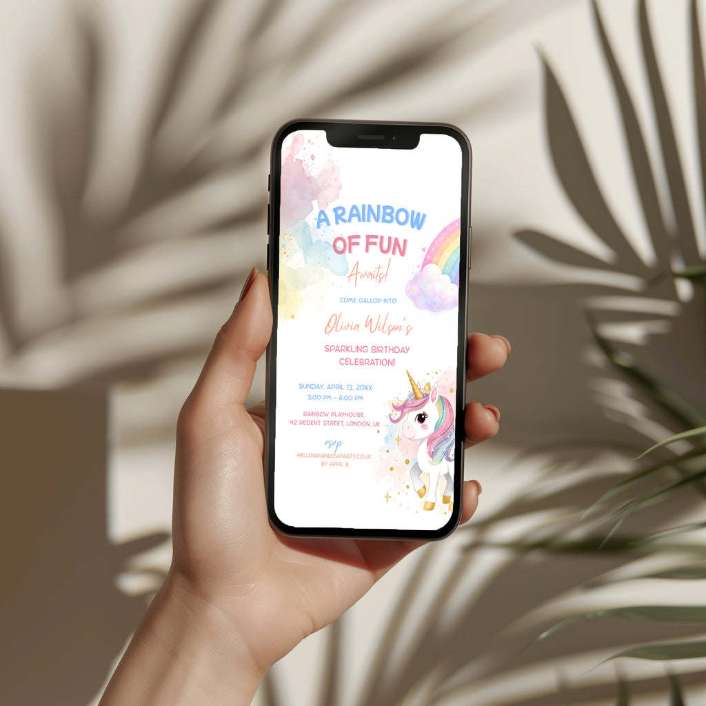 Editable pastel rainbow unicorn birthday invitation with watercolor unicorn and colorful rainbow Canva template