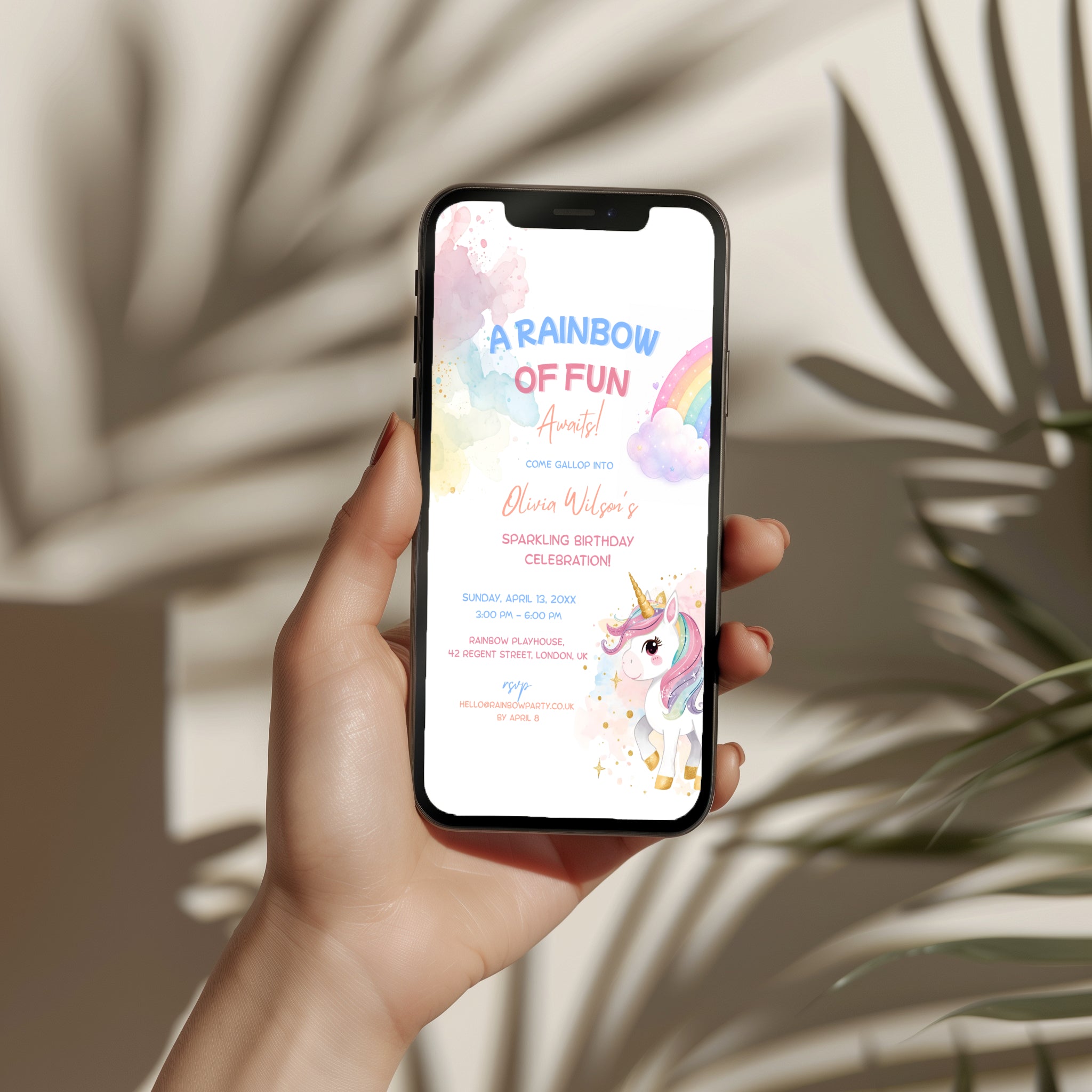 Editable pastel rainbow unicorn birthday invitation with watercolor unicorn and colorful rainbow Canva template