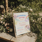 Editable pastel rainbow unicorn birthday invitation with watercolor unicorn and colorful rainbow Canva template