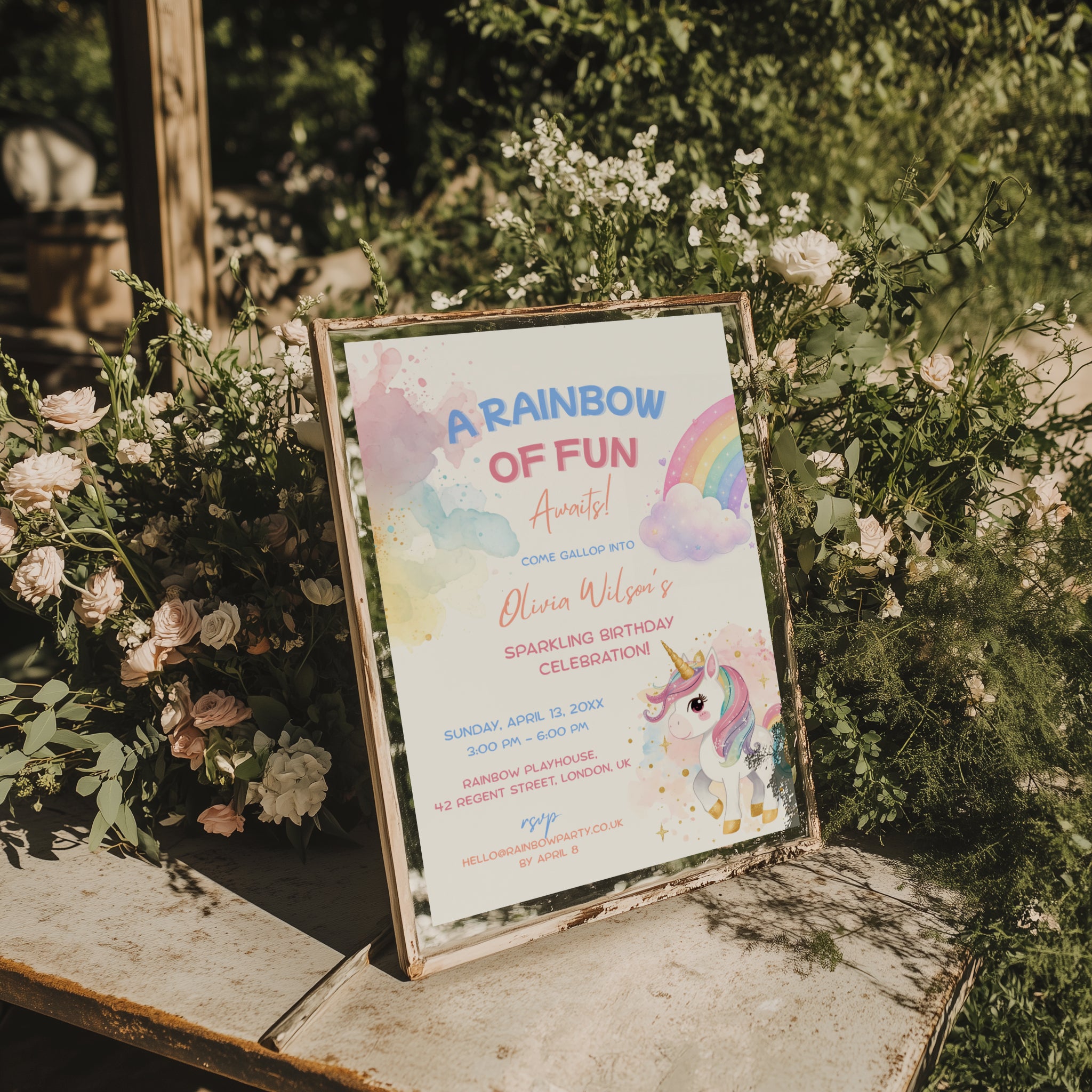 Editable pastel rainbow unicorn birthday invitation with watercolor unicorn and colorful rainbow Canva template