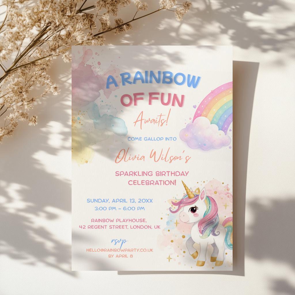 Editable pastel rainbow unicorn birthday invitation with watercolor unicorn and colorful rainbow Canva template