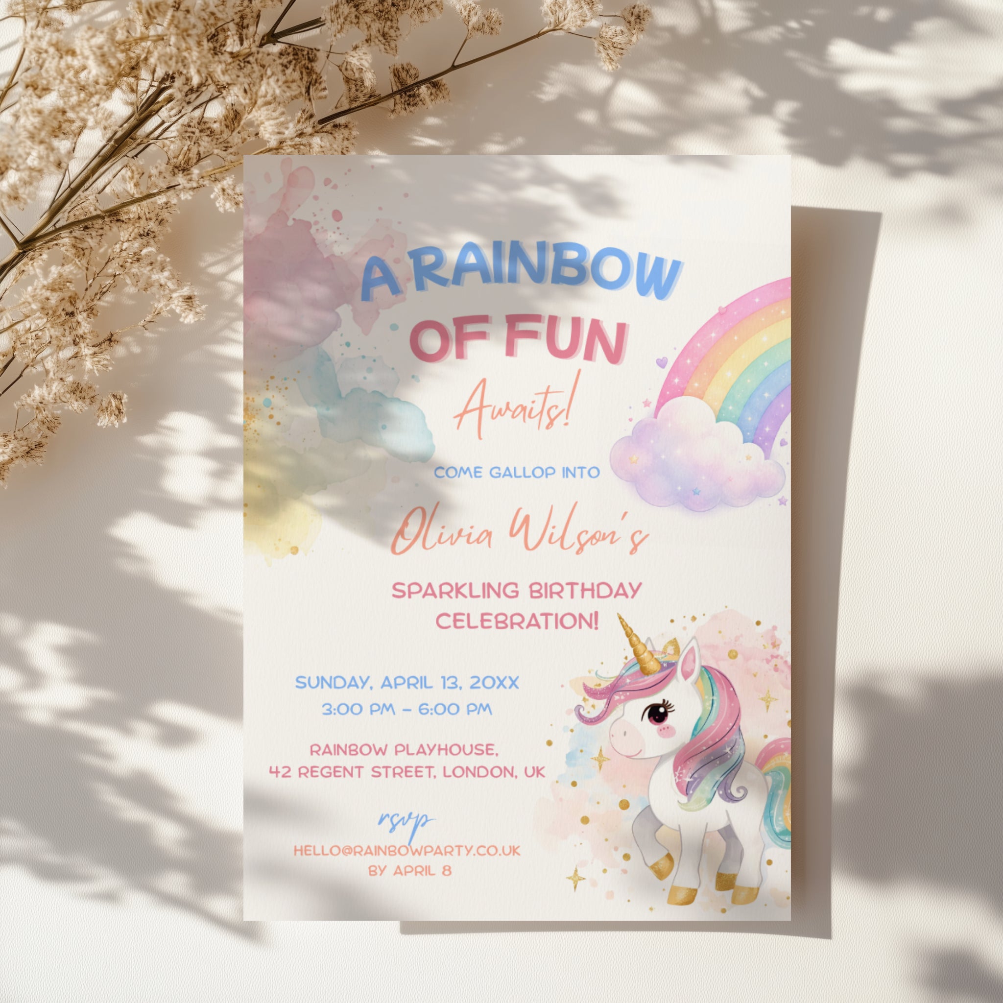 Editable pastel rainbow unicorn birthday invitation with watercolor unicorn and colorful rainbow Canva template