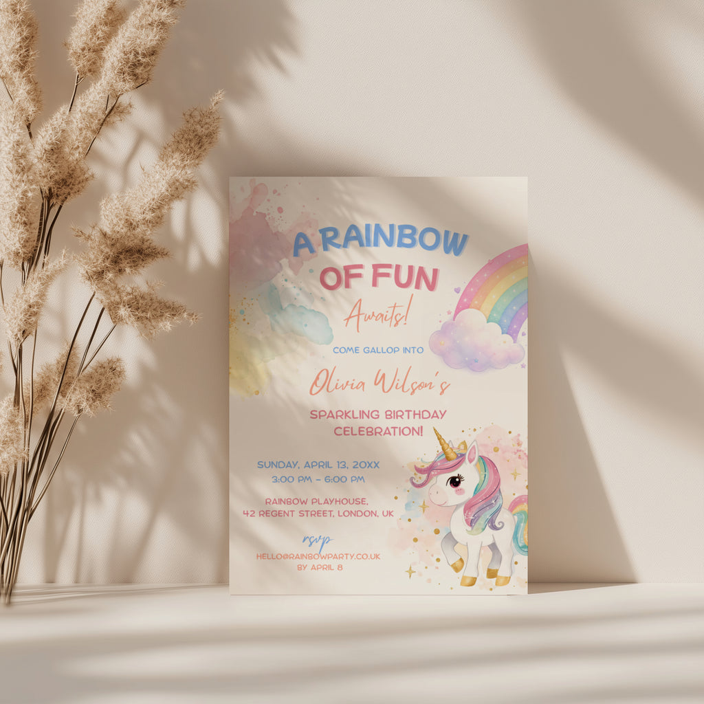 Editable pastel rainbow unicorn birthday invitation with watercolor unicorn and colorful rainbow Canva template