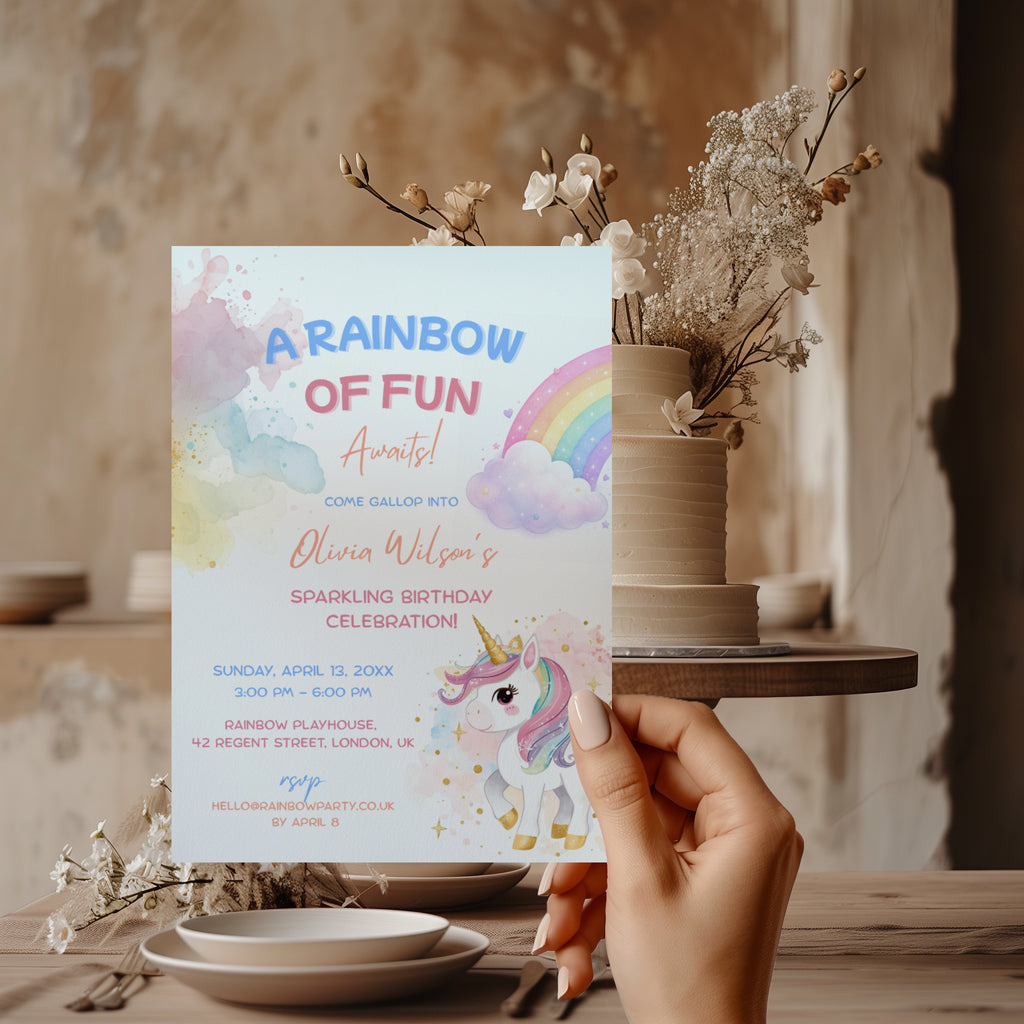 Editable pastel rainbow unicorn birthday invitation with watercolor unicorn and colorful rainbow Canva template