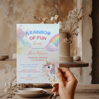 Editable pastel rainbow unicorn birthday invitation with watercolor unicorn and colorful rainbow Canva template