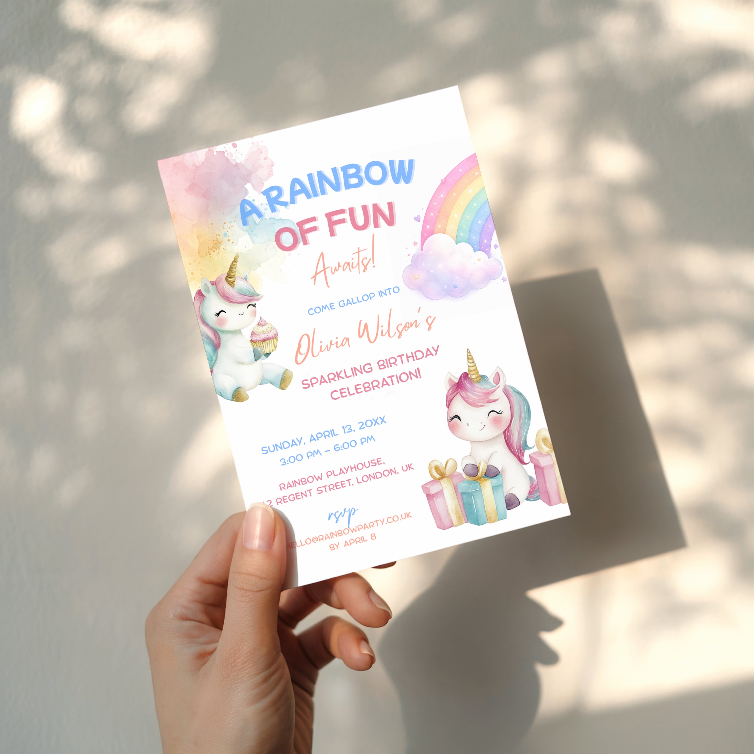 Editable cute rainbow unicorn birthday invitation with baby unicorns, pastel rainbow and watercolor details Canva template