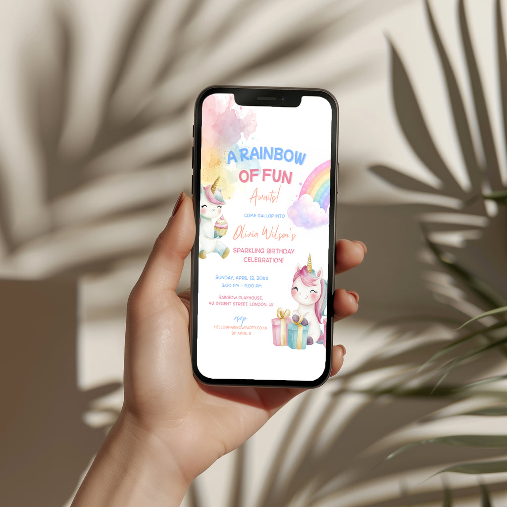 Editable cute rainbow unicorn birthday invitation with baby unicorns, pastel rainbow and watercolor details Canva template