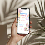 Editable cute rainbow unicorn birthday invitation with baby unicorns, pastel rainbow and watercolor details Canva template