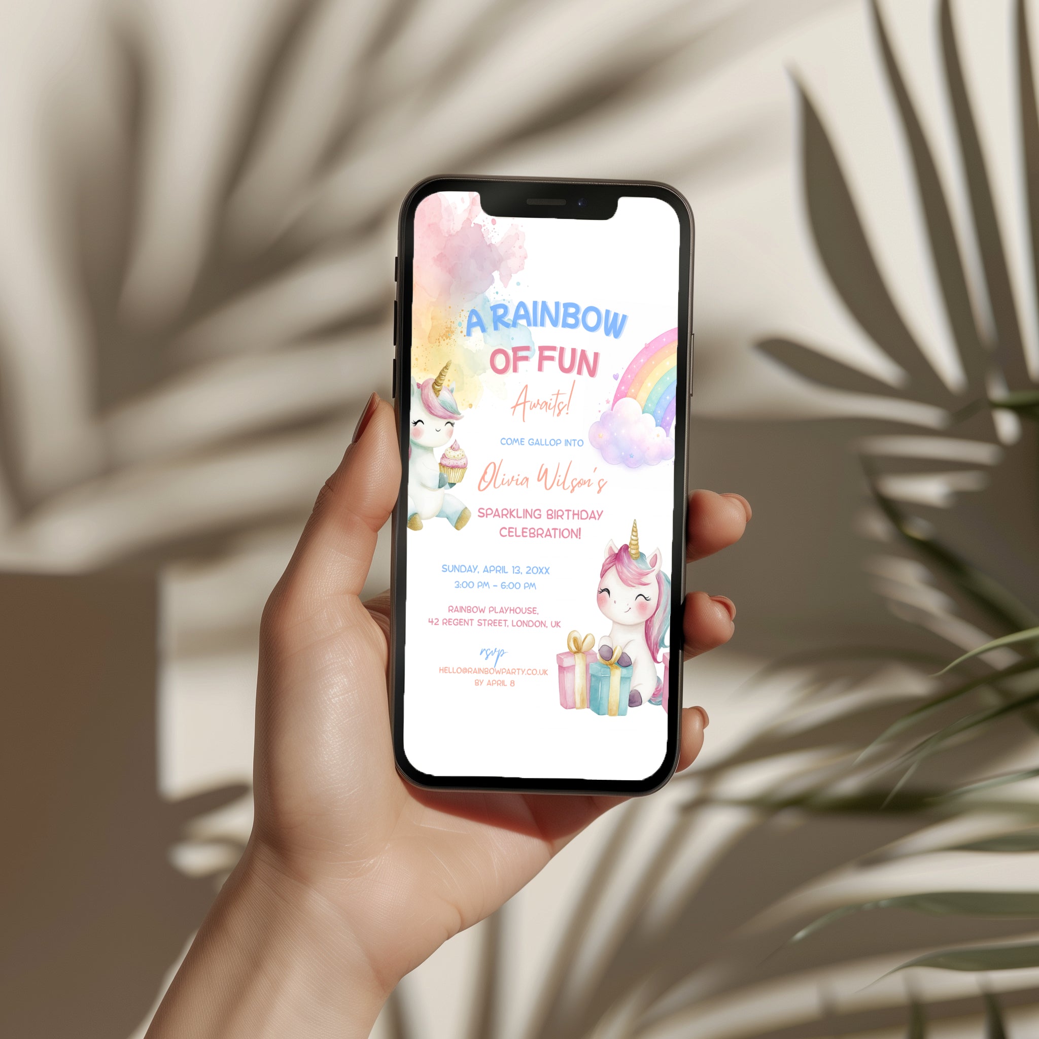 Editable cute rainbow unicorn birthday invitation with baby unicorns, pastel rainbow and watercolor details Canva template
