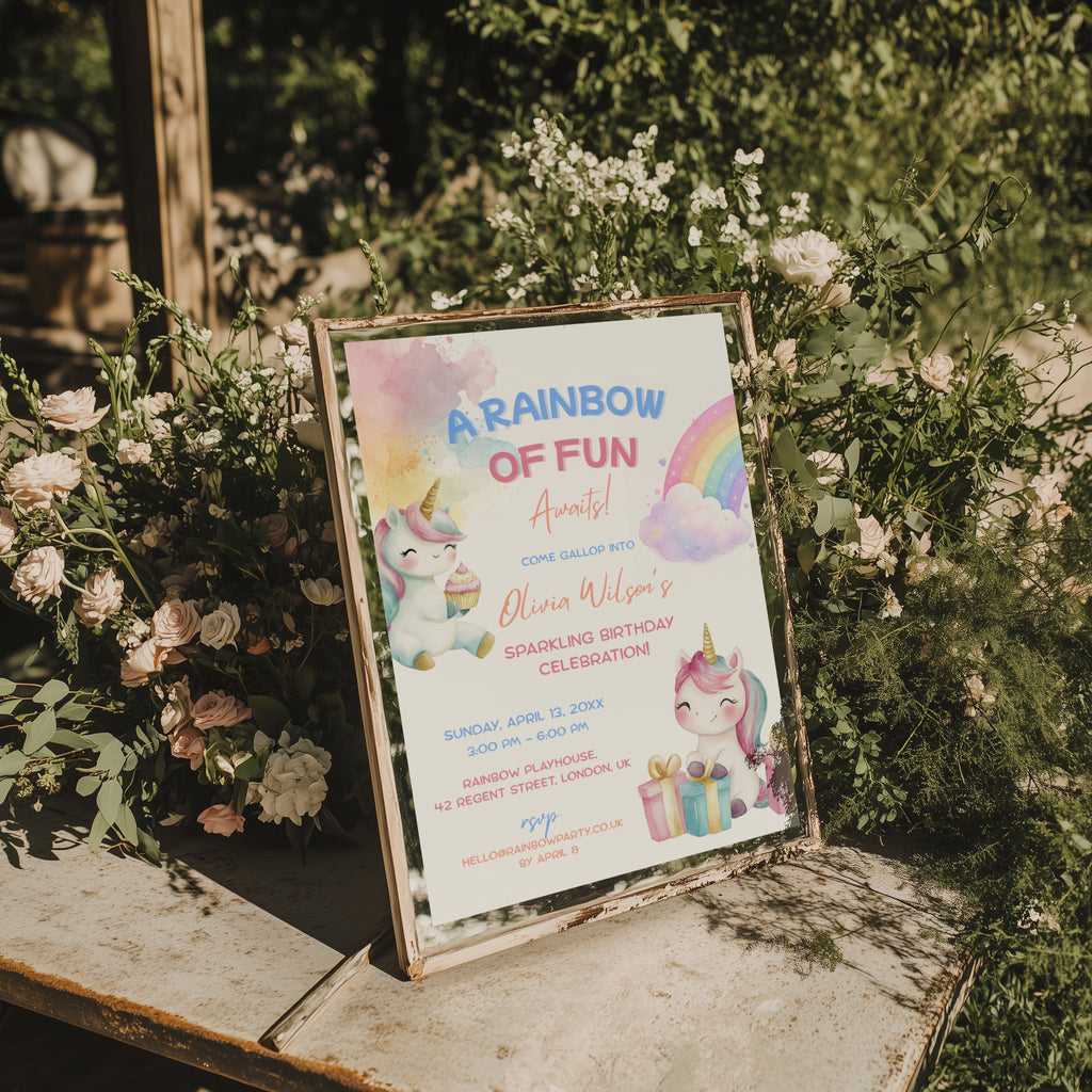 Editable cute rainbow unicorn birthday invitation with baby unicorns, pastel rainbow and watercolor details Canva template
