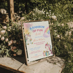 Editable cute rainbow unicorn birthday invitation with baby unicorns, pastel rainbow and watercolor details Canva template