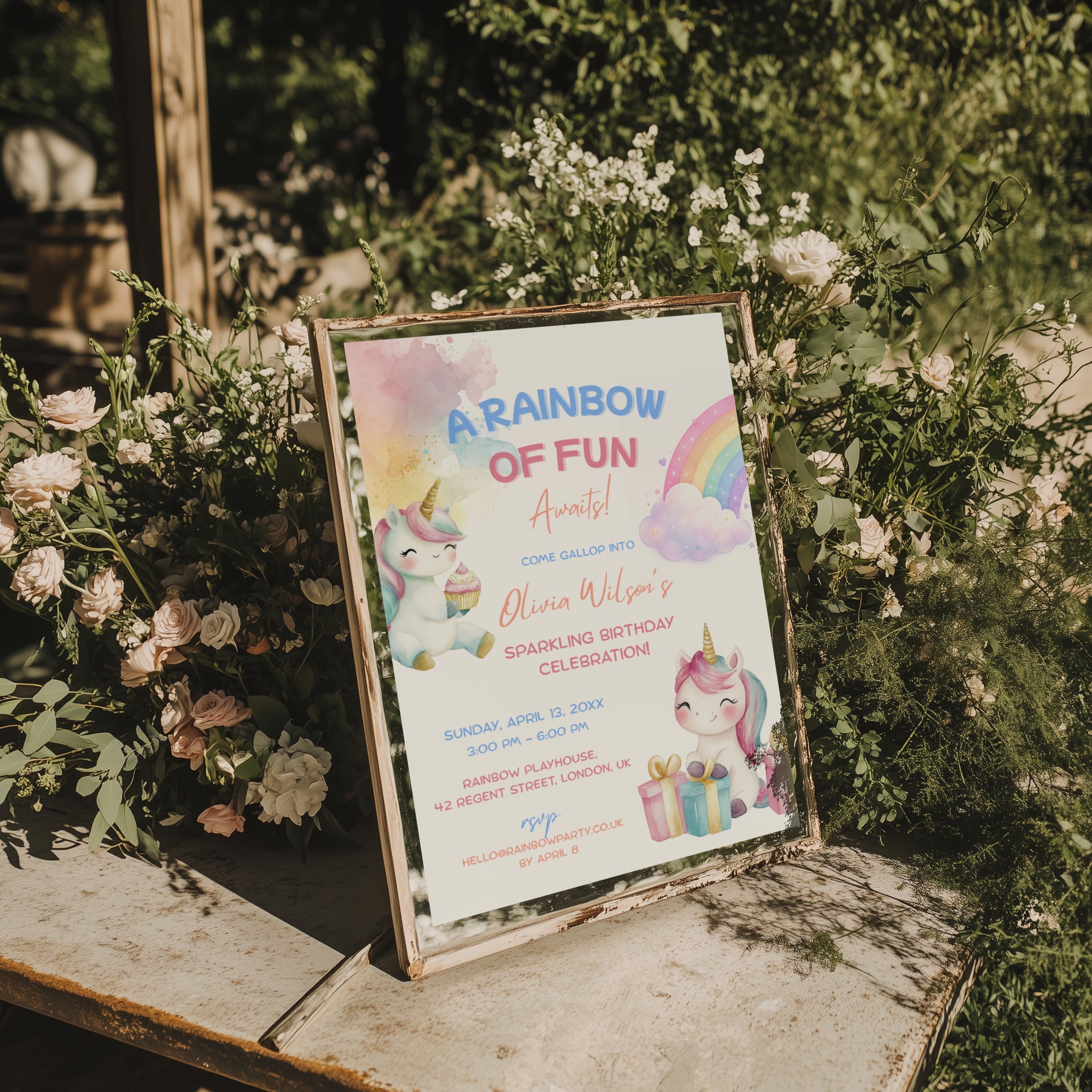 Editable cute rainbow unicorn birthday invitation with baby unicorns, pastel rainbow and watercolor details Canva template