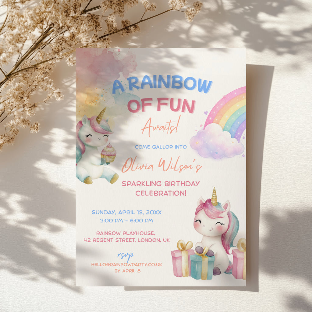 Editable cute rainbow unicorn birthday invitation with baby unicorns, pastel rainbow and watercolor details Canva template