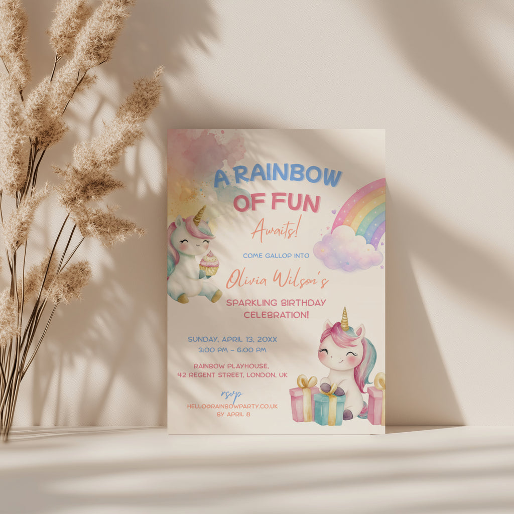 Editable cute rainbow unicorn birthday invitation with baby unicorns, pastel rainbow and watercolor details Canva template