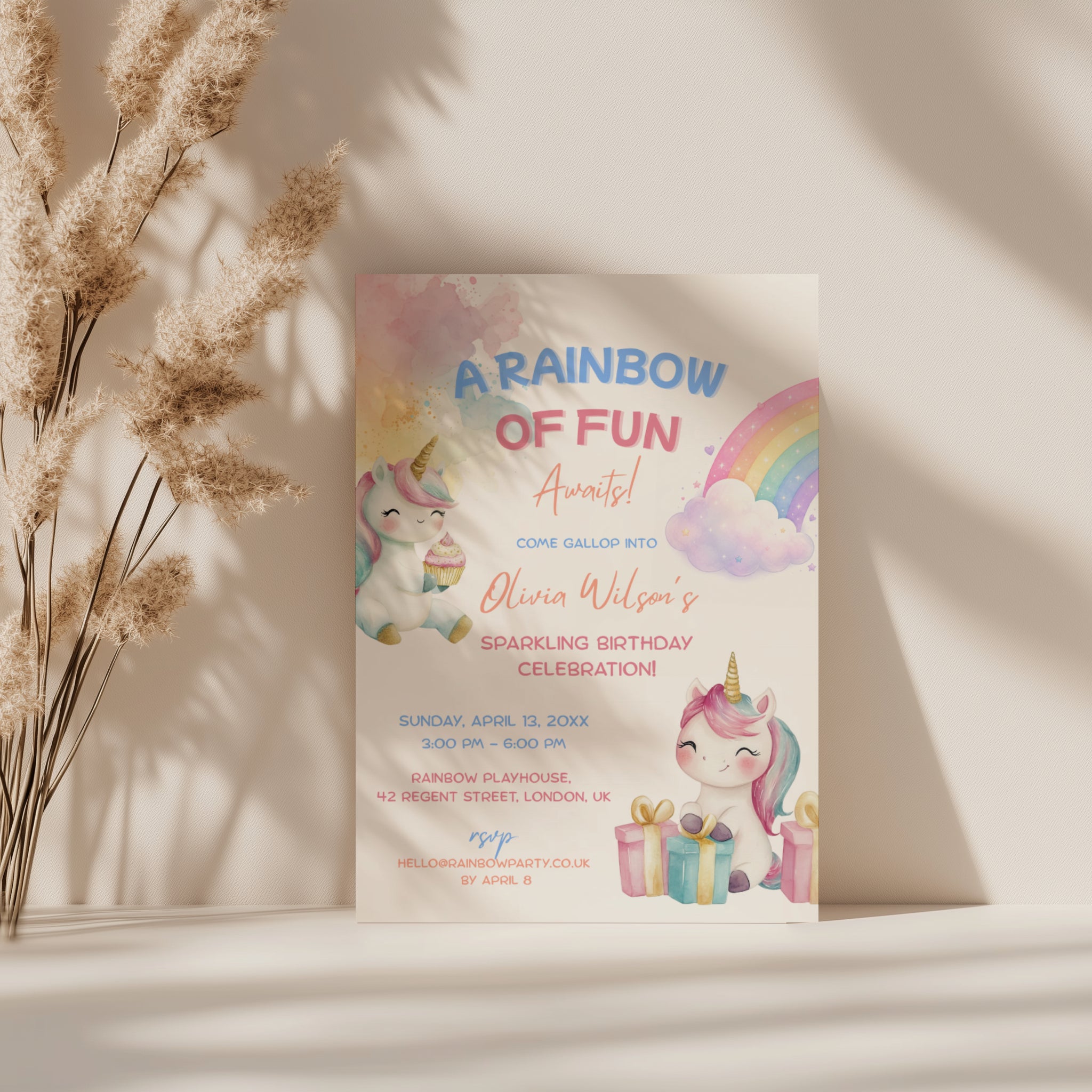 Editable cute rainbow unicorn birthday invitation with baby unicorns, pastel rainbow and watercolor details Canva template