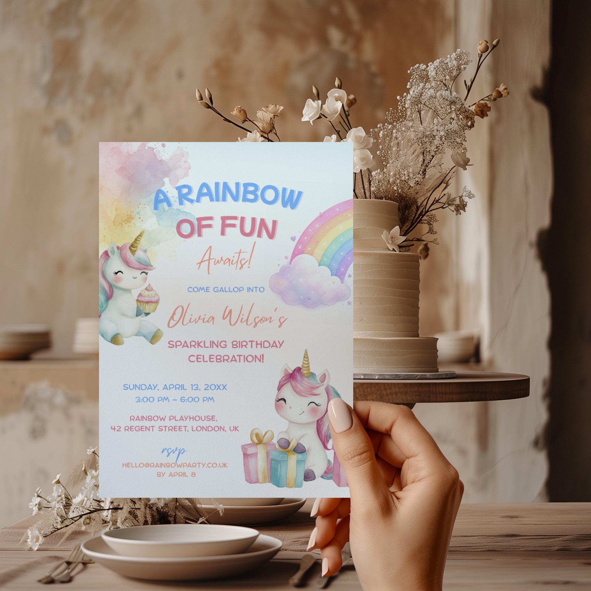 Editable cute rainbow unicorn birthday invitation with baby unicorns, pastel rainbow and watercolor details Canva template