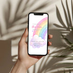 Editable pastel rainbow birthday invitation featuring a watercolor rainbow, fluffy clouds and soft pastel colors Canva template
