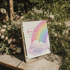 Editable pastel rainbow birthday invitation featuring a watercolor rainbow, fluffy clouds and soft pastel colors Canva template