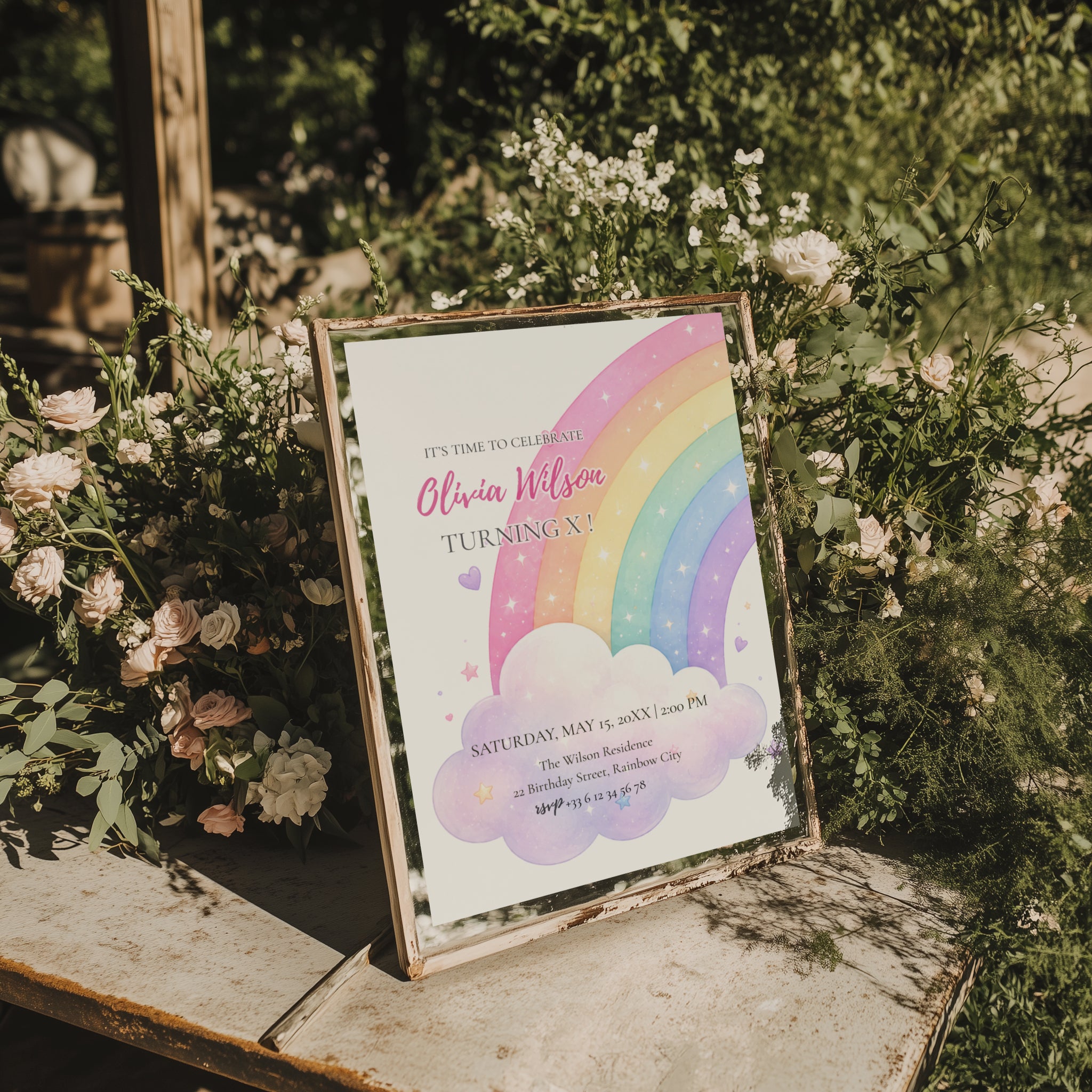 Editable pastel rainbow birthday invitation featuring a watercolor rainbow, fluffy clouds and soft pastel colors Canva template