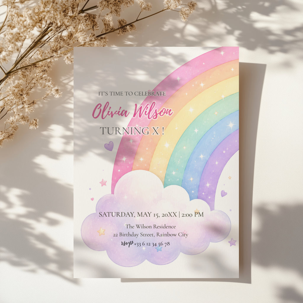 Editable pastel rainbow birthday invitation featuring a watercolor rainbow, fluffy clouds and soft pastel colors Canva template