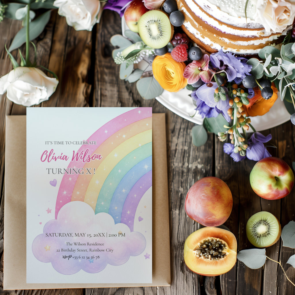 Editable pastel rainbow birthday invitation featuring a watercolor rainbow, fluffy clouds and soft pastel colors Canva template