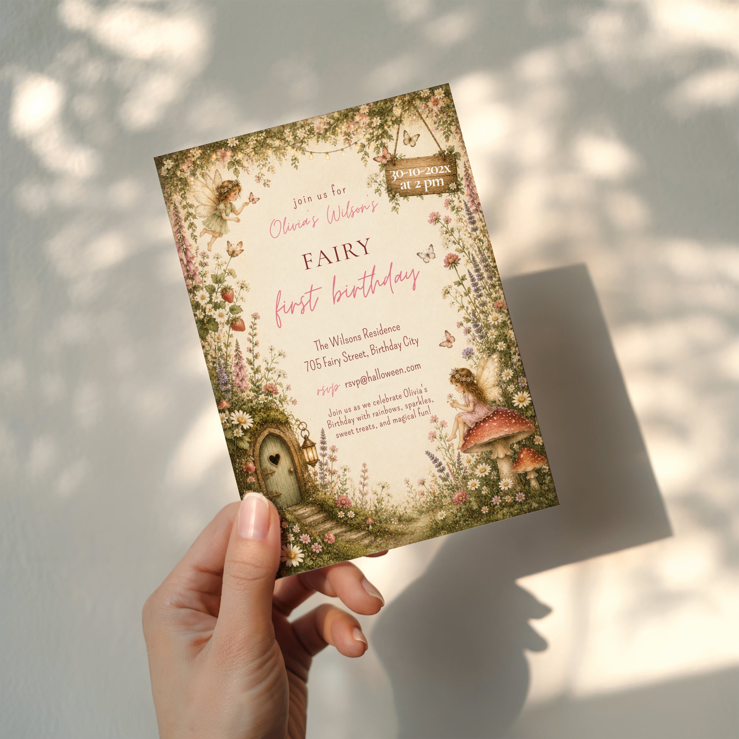 Editable enchanted fairy first birthday invitation with woodland fairies, wildflowers, mushrooms and a fairy cottage Canva template