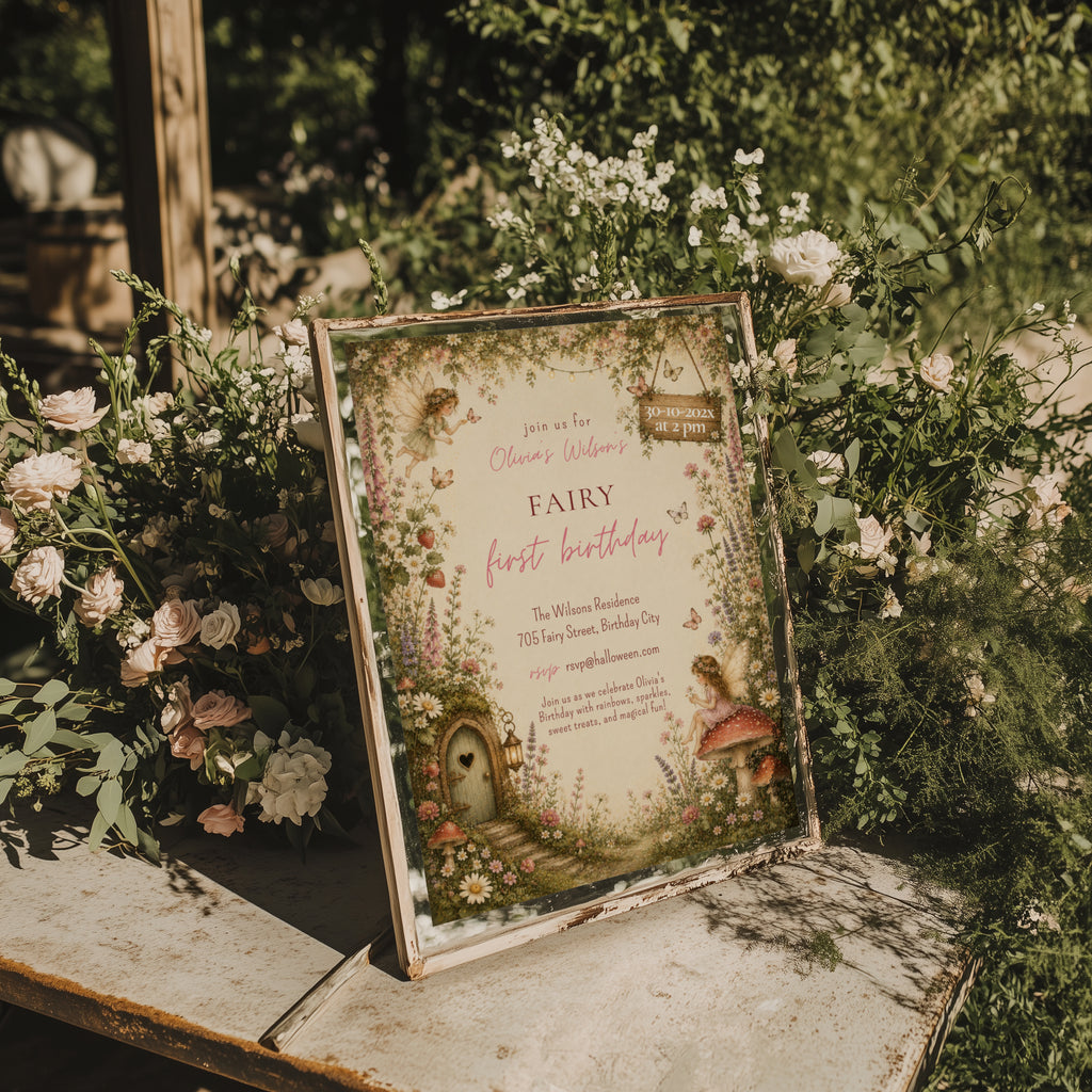 Editable enchanted fairy first birthday invitation with woodland fairies, wildflowers, mushrooms and a fairy cottage Canva template