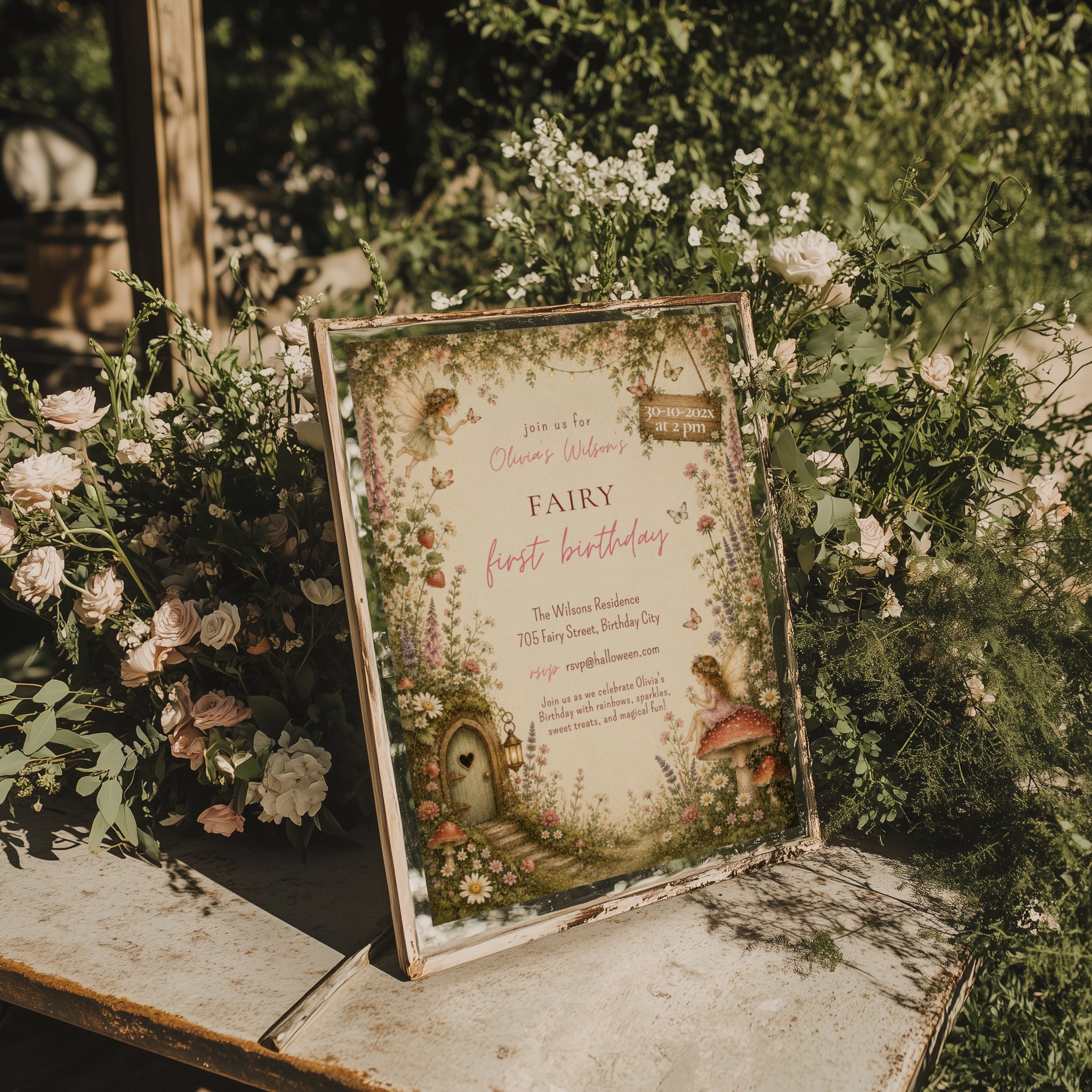 Editable enchanted fairy first birthday invitation with woodland fairies, wildflowers, mushrooms and a fairy cottage Canva template