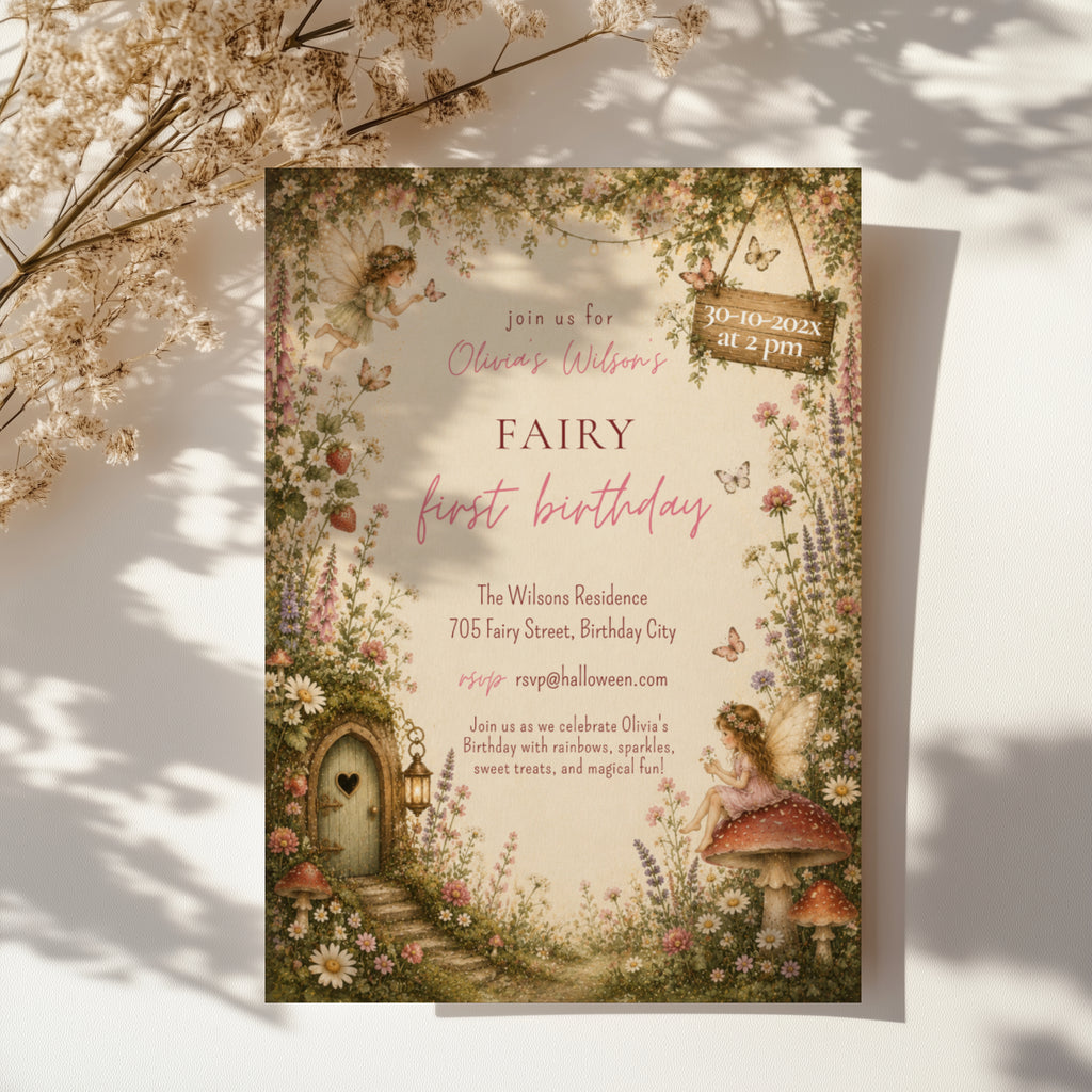 Editable enchanted fairy first birthday invitation with woodland fairies, wildflowers, mushrooms and a fairy cottage Canva template