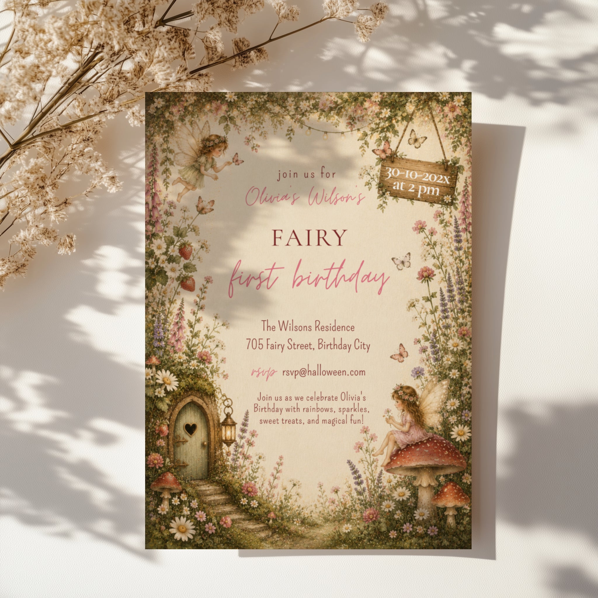 Editable enchanted fairy first birthday invitation with woodland fairies, wildflowers, mushrooms and a fairy cottage Canva template