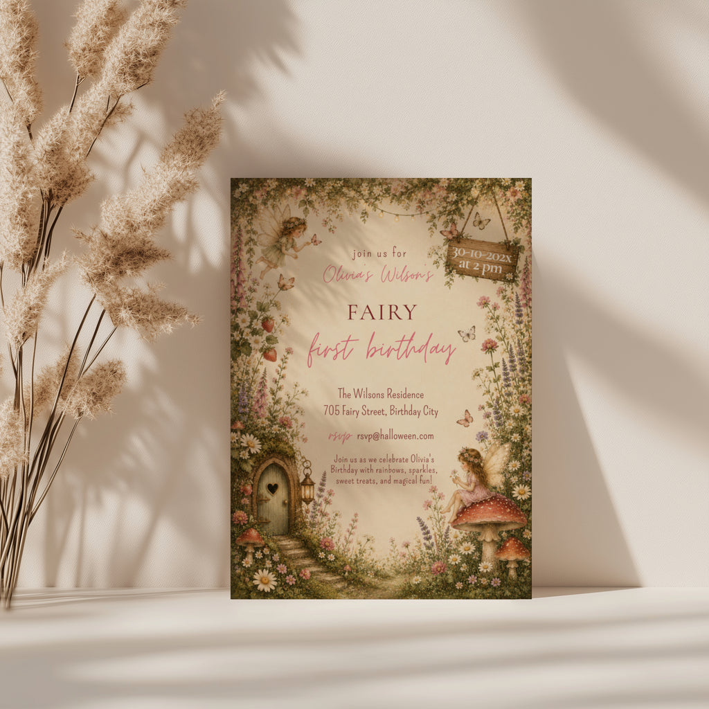 Editable enchanted fairy first birthday invitation with woodland fairies, wildflowers, mushrooms and a fairy cottage Canva template