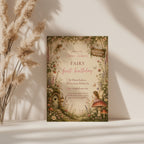Editable enchanted fairy first birthday invitation with woodland fairies, wildflowers, mushrooms and a fairy cottage Canva template
