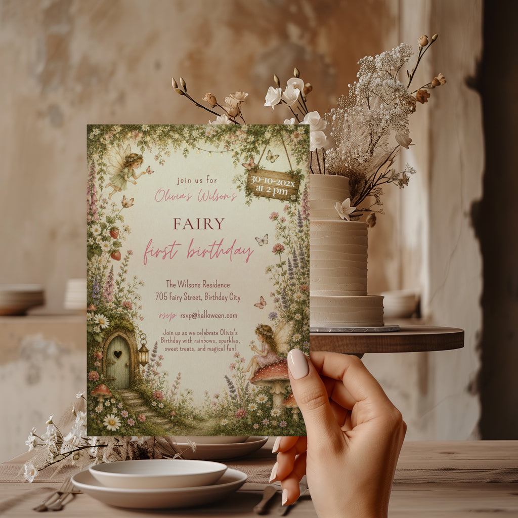 Editable enchanted fairy first birthday invitation with woodland fairies, wildflowers, mushrooms and a fairy cottage Canva template