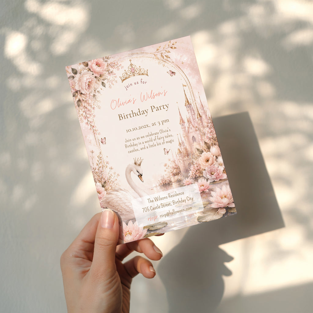 Editable fairy tale princess birthday invitation with crowned swan, pink castle and blush watercolor flowers Canva template