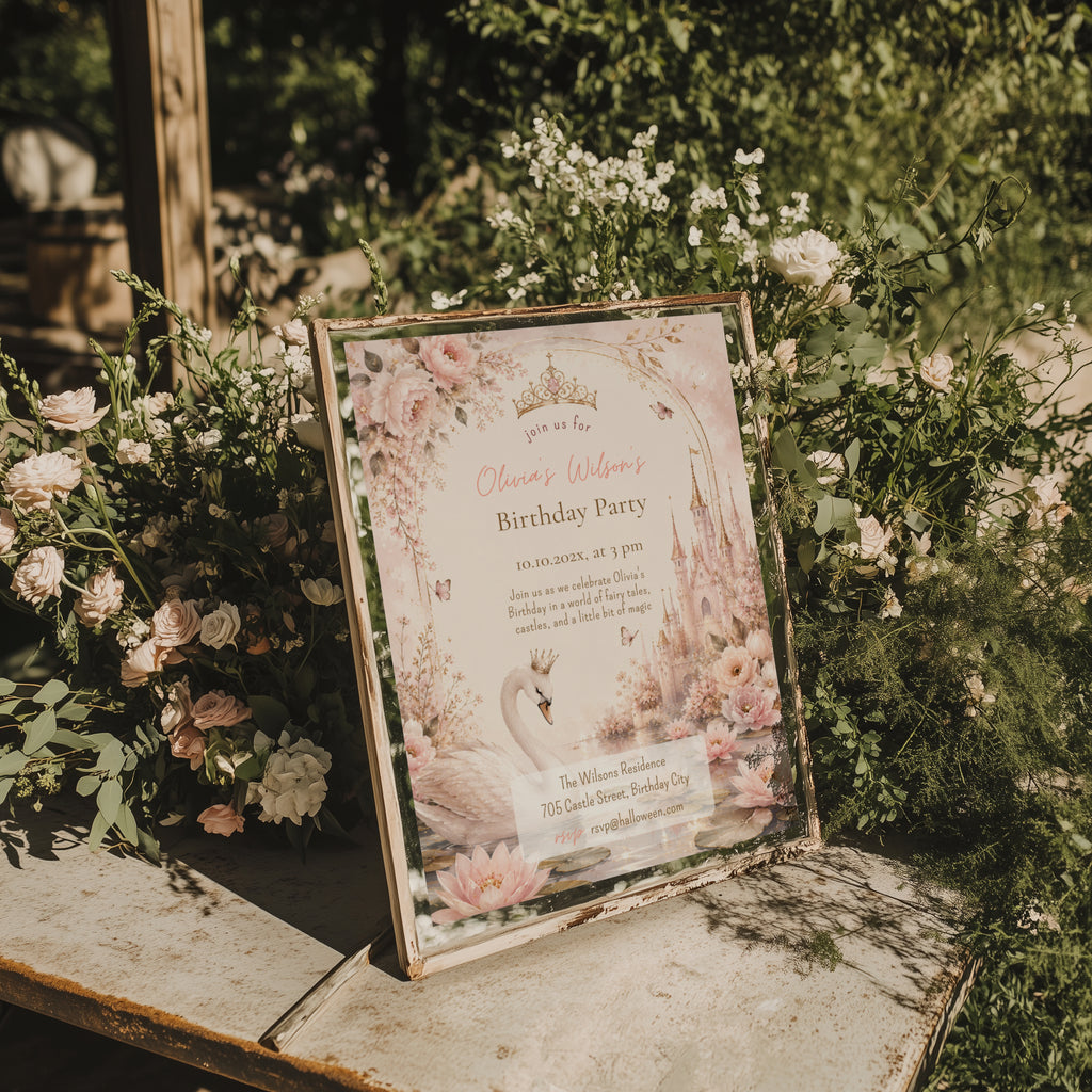 Editable fairy tale princess birthday invitation with crowned swan, pink castle and blush watercolor flowers Canva template