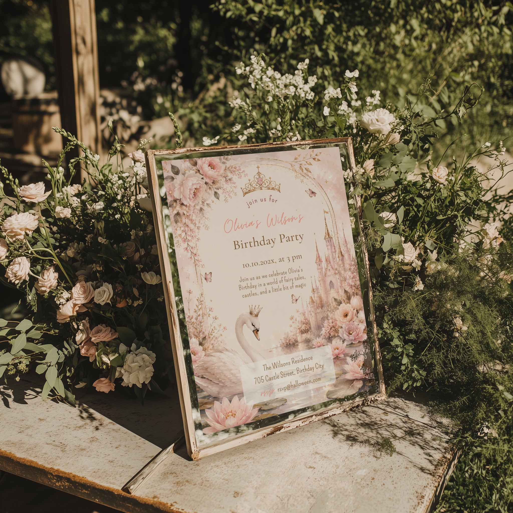 Editable fairy tale princess birthday invitation with crowned swan, pink castle and blush watercolor flowers Canva template