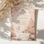 Editable fairy tale princess birthday invitation with crowned swan, pink castle and blush watercolor flowers Canva template