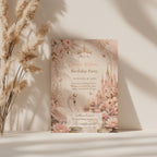 Editable fairy tale princess birthday invitation with crowned swan, pink castle and blush watercolor flowers Canva template