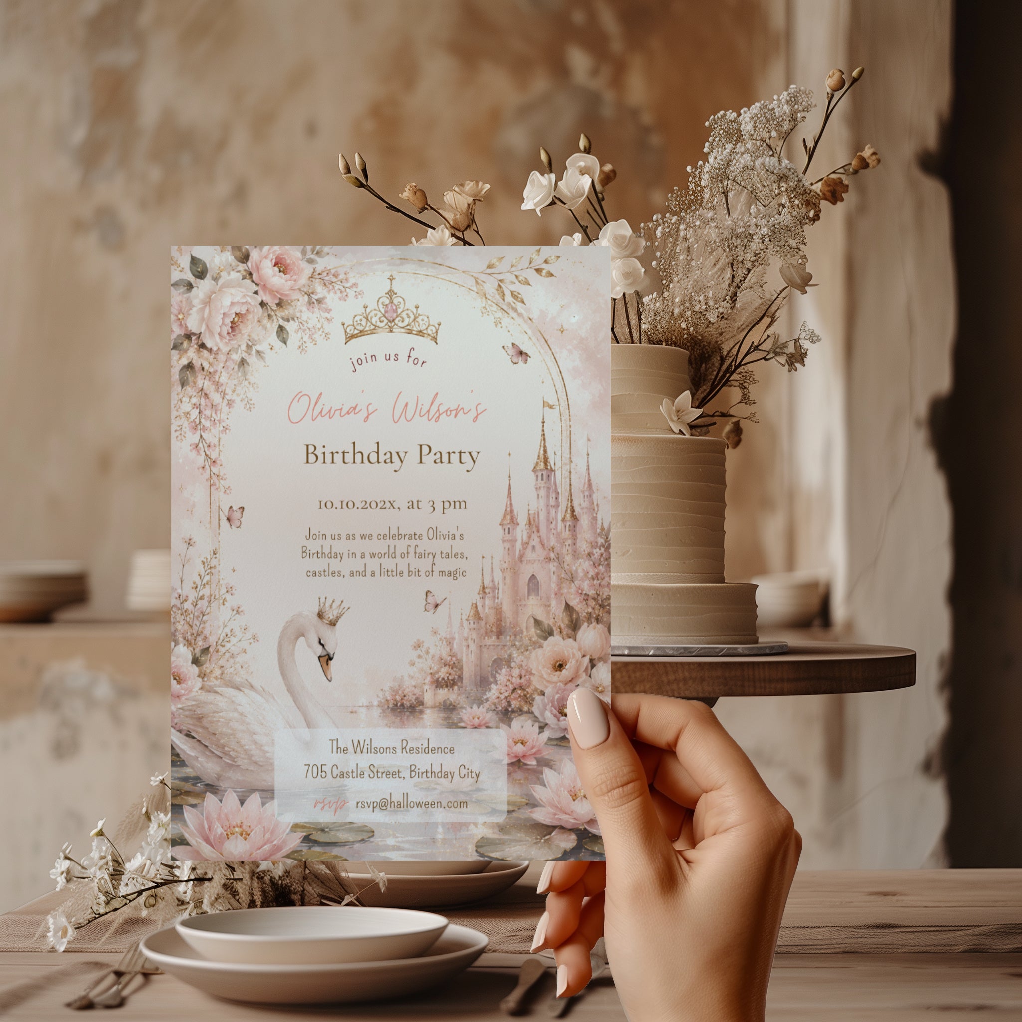Editable fairy tale princess birthday invitation with crowned swan, pink castle and blush watercolor flowers Canva template
