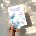 Editable under the sea mermaid tail birthday invitation with a watercolor mermaid tail and sparkling ocean waves Canva template
