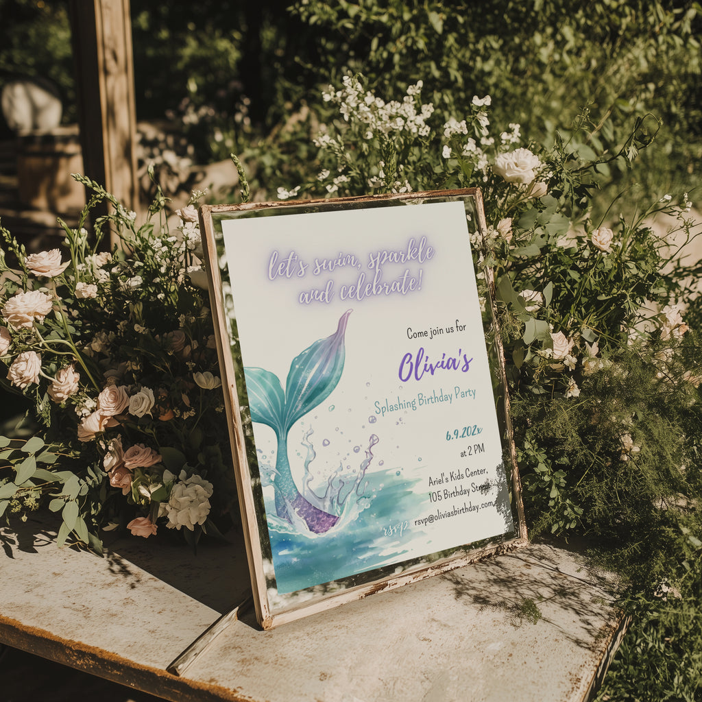 Editable under the sea mermaid tail birthday invitation with a watercolor mermaid tail and sparkling ocean waves Canva template